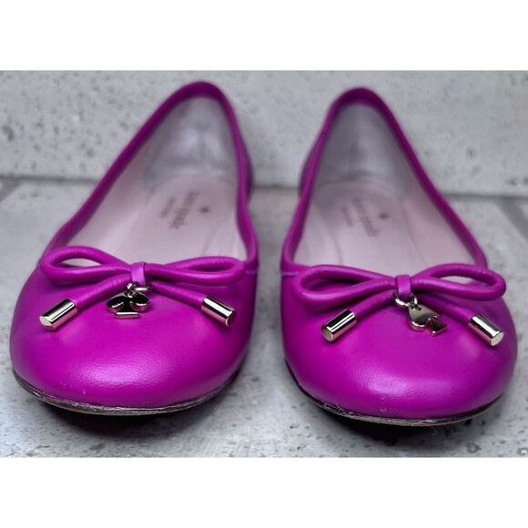 Kate Spade Pink Leather Ballet Flats Willia Bow Gold Spade Charm Shoes Sz 5.5 - Picture 2 of 13